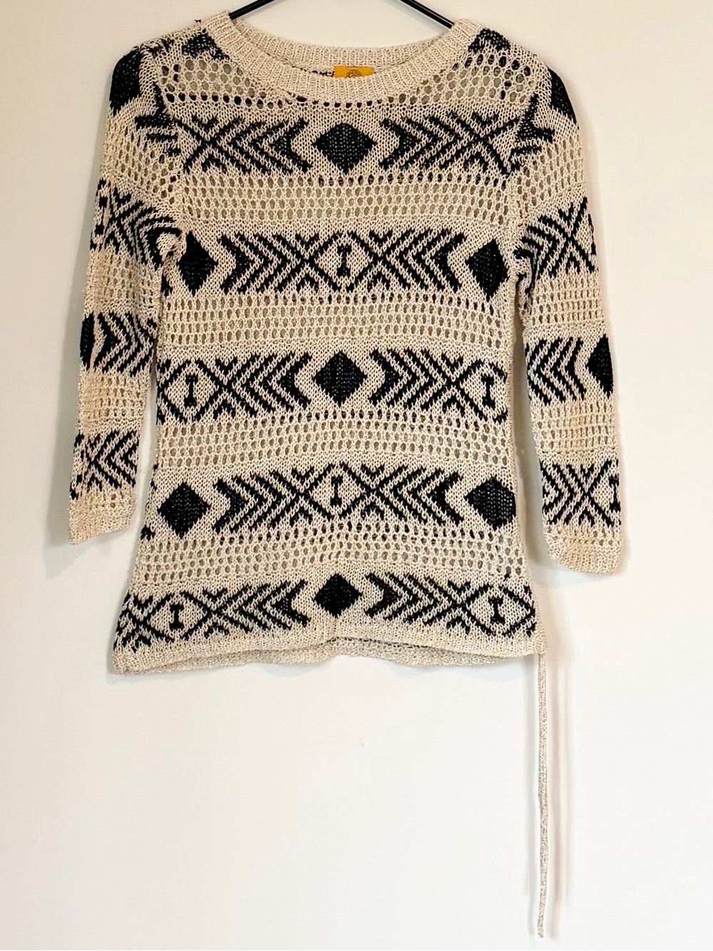 Ruby Rd. Vintage Metallic Gold, Cream and Black Open-Knit Aztec Pullover